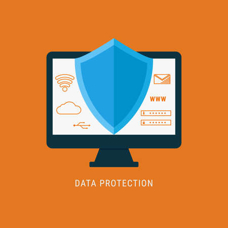 Flat design data security. Shield on computer protect sensitive data. Internet security. Vector Illustration.のイラスト素材