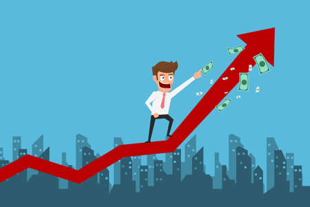 Businessman standing on growth graph and pointing to money. Success concept. Cartoon Vector Illustration.のイラスト素材