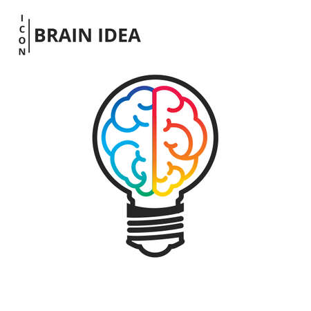 Creative brain idea and light bulb concept. Line flat design style. Vector Illustration.のイラスト素材