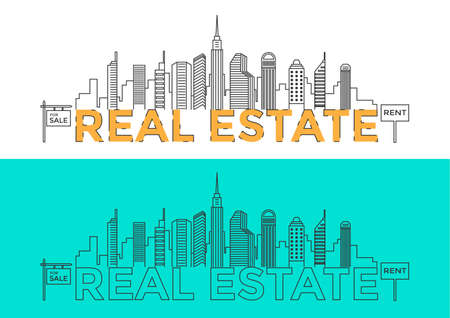 Flat line design word REAL ESTATE with buildings and elements. Real estate concept. City illustration in line style. Can be used for book cover, report header, presentation,infographics, printing, website banner. Vector Illustration.のイラスト素材