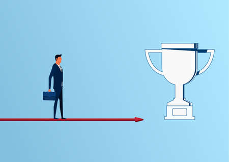 Businessman standing on arrow graph approach to trophy and success, opportunities, future business trends. Cartoon Vector Illustration.のイラスト素材