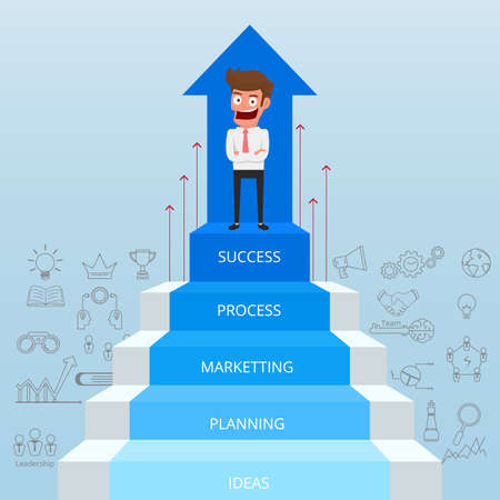 Businessman going up to success, staircase with icon and elements to success. Cartoon Vector Illustration.のイラスト素材