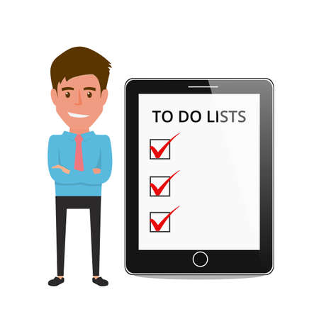 Businessman shows to do lists on tablet screen. Cartoon Vector Illustration.のイラスト素材