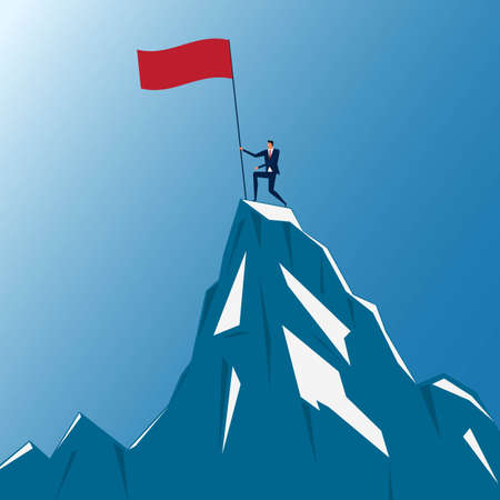 Successful businessman holding flag on top of mountain. Success concept. Cartoon Vector Illustration.のイラスト素材