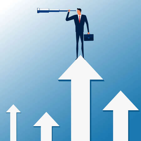 Businessman stand on graph arrow using telescope looking for success, opportunities, future business trends. Vision concept. Cartoon Vector Illustration.のイラスト素材