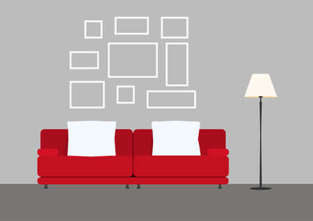 Living room interior with sofa lamp and picture frame. Furniture in living room. Flat design style. Vector Illustration.のイラスト素材