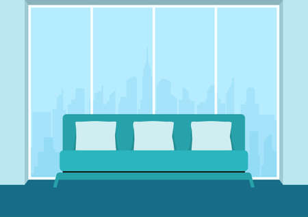 Living room interior with sofa and window. Furniture in living room. Flat design style. Vector Illustration.のイラスト素材