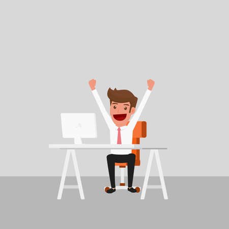 Businessman working on computer. Happy and Successful. Cartoon Vector Illustration.のイラスト素材