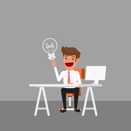 Businessman working on computer and get The best idea. Cartoon Vector Illustration.のイラスト素材