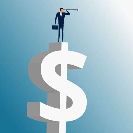 Businessman standing on money building and using telescope looking for success, opportunities, future business trends. Vision concept. Cartoon Vector Illustration.のイラスト素材