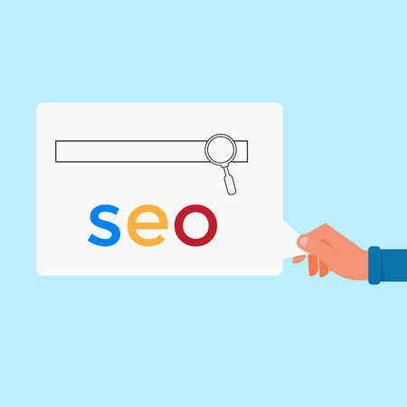 Hand holding SEO message. Search engine optimization marketing. SEO concept. Vector Illustration.のイラスト素材