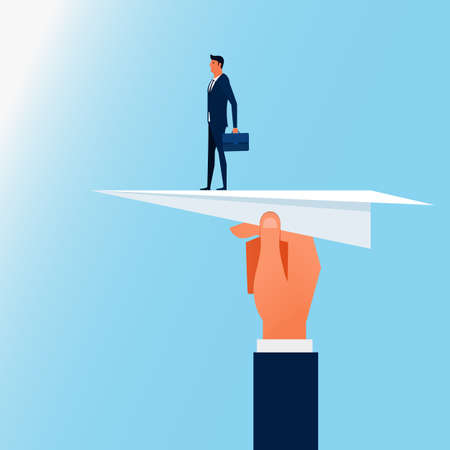 Businessman standing on paper airplane with big hand support. support and help concept. Cartoon Vector Illustration.のイラスト素材