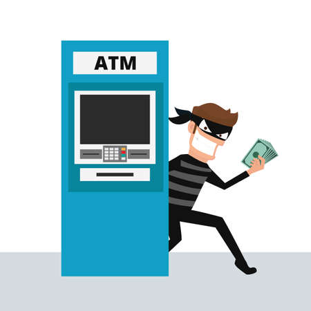 Thief. Hacker stealing money from ATM machine. Cartoon Illustration.のイラスト素材