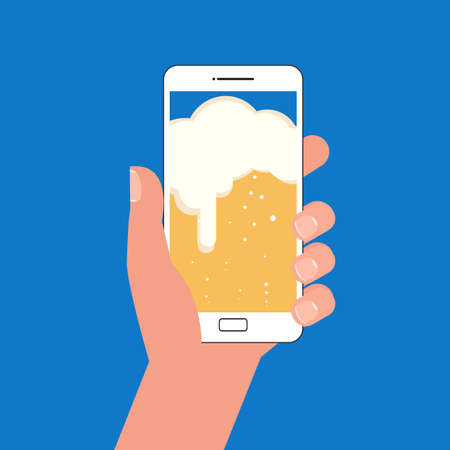 Hand holding smartphone with beer on screen. Flat design style social media concept. Cartoon Illustration.のイラスト素材