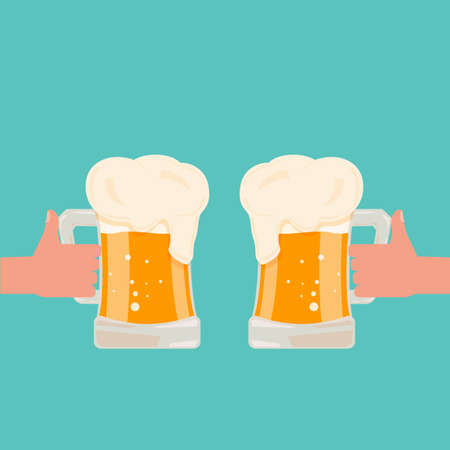 Two hands holding Beer glass mug OKTOBERFEST beer festival. Cartoon Vector Illustration.のイラスト素材