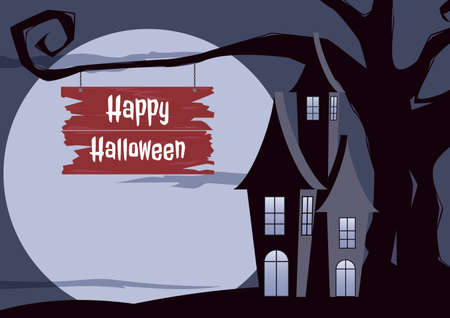 Halloween background. Halloween dark castle gnarled tree with full Moon design background. Cartoon Vector Illustration.のイラスト素材