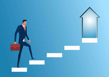 Businessman walking on stair step to door arrow sign and success. Staircase to success. Cartoon Vector Illustration.のイラスト素材