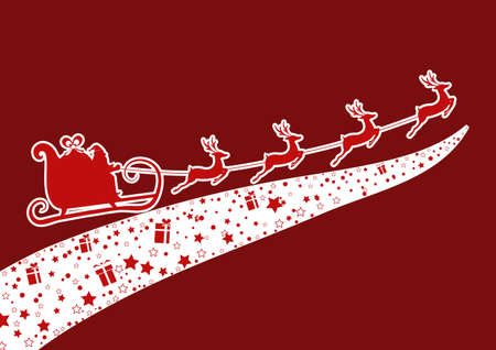 Red Silhouette. Santa claus flying with reindeer sleigh. Cartoon Vector Illustration.のイラスト素材