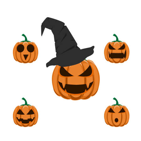 Set pumpkins Halloween in emotion variation. Spooky horror images of pumpkins. Cartoon Vector Illustration.のイラスト素材
