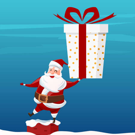 Merry Christmas. Santa Claus holding big gift box on chimney at the roof. Christmas and Happy New Year. Cartoon Vector Illlustration.のイラスト素材