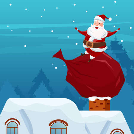 Merry Christmas. Santa Claus sitting on bag of gifts on chimney at the roof. Christmas and Happy New Year. Cartoon Vector Illustrationのイラスト素材