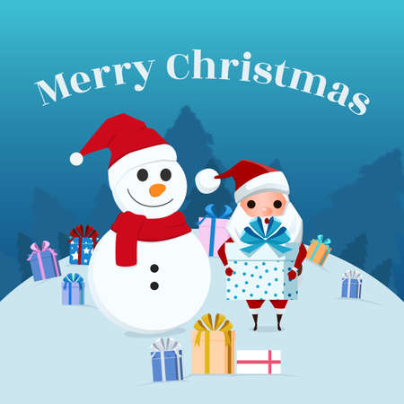 Merry Christmas. Cute santa Claus holding gift box with snow man. Cartoon Vector Illustration.のイラスト素材
