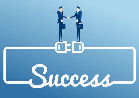 Business connection, partnership, cooperation interaction and teamwork concept. Two businessman handshaking corporate partnership stand on huge wired electrical plug and socket with word SUCCESS. Cartoon Vector Illustration.のイラスト素材
