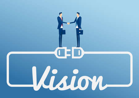 Business connection, partnership, cooperation interaction and teamwork concept. Two businessman handshaking corporate partnership stand on huge wired electrical plug and socket with word VISION. Cartoon Vector Illustration.のイラスト素材