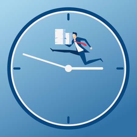 Businessman holding stack of paper running on business time. Time pressure, stress, overworked and deadline concept. Cartoon Vector Illustration.のイラスト素材
