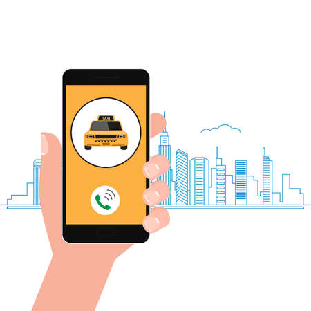 Hand holding smartphone. Taxi service application on a screen with flat line urban cityscape. Smart taxi service concept, yellow cab, car. Cartoon Vector Illustration.のイラスト素材