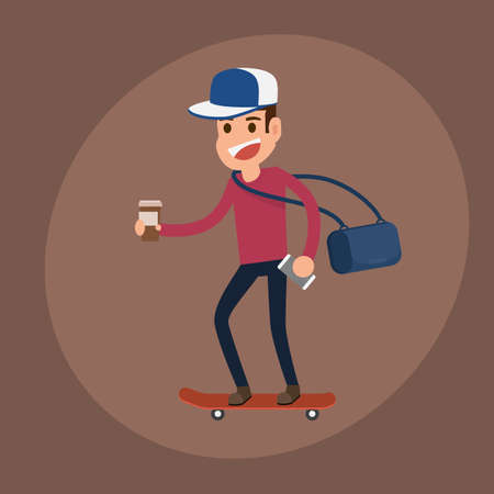 Hipster man character. Man riding skateboard with Coffee paper cup and smartphone. Cartoon vector Illustration.のイラスト素材