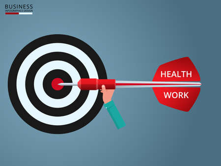 Goal setting. Hand holding dart with text " Health, Work" to target. Concept of work and life balance. Cartoon vector Illustration.のイラスト素材