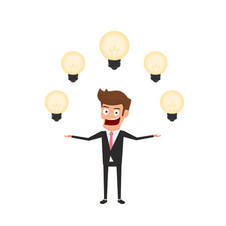 Businessman having a lot of idea. Light bulbs around man's head concept of creative to success. Cartoon Vector Illustration.のイラスト素材