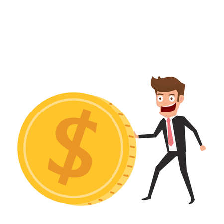 Investment and saving concept. Businessman rolls gold coin. Increasing capital and profits. Wealth and savings growing. Cartoon Vector Illustration.のイラスト素材