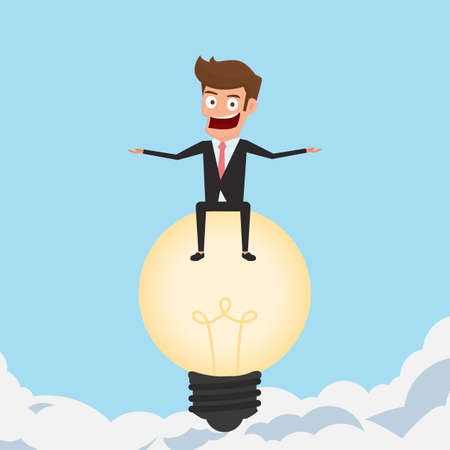Big idea. Businessman flying with lightbulb idea looking for success, opportunities, future business trends. Concept of creative to sucess. Cartoon Vector Illustration.のイラスト素材