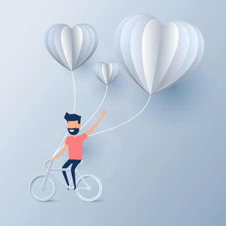 Happy valentine's day concept of love. Man riding bicycle with heart shape hot air balloons. Paper art design. Cartoon Vector Iustration.のイラスト素材