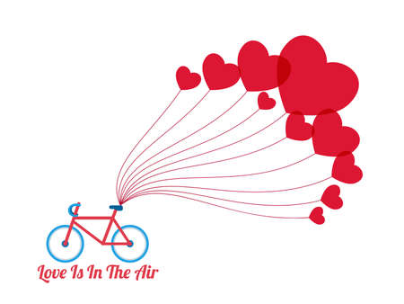 Happy valentine's day concept of love. Bicycle with heart shape balloons and word " Love is in the air". Vector Illustration.のイラスト素材