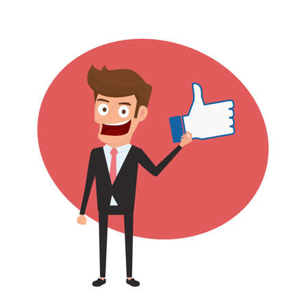 Businessman holding thumbs up sign like and positive feedback concept. Cartoon Vector Illustration.のイラスト素材