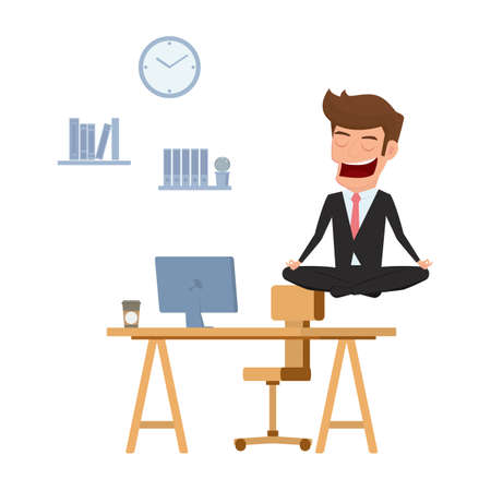 Businessman meditating in peace over the office table. Time management, stress relief and problem solving concepts. Cartoon Vector Illustration.のイラスト素材