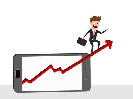 Businessman riding growth arrow graph on smart phone screen. Investment financial and success concept. Cartoon Vector Illustration.のイラスト素材