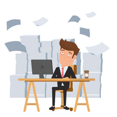Tired businessman sitting at office desk and pile of paper work. Tired employee and want to help. Deadline concept. Cartoon Vector Illustration.のイラスト素材