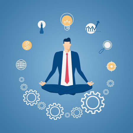 Businessman meditating in peace at the office with icons. Time management, stress relief and problem solving concepts. Cartoon Vector Illustration.のイラスト素材