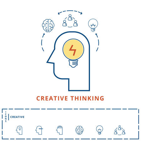 Flat line design creative concept. Creativity idea inspiration business idea, Planning, smart solution and success ideas icons and elements. Cartoon Vector Illustrationのイラスト素材