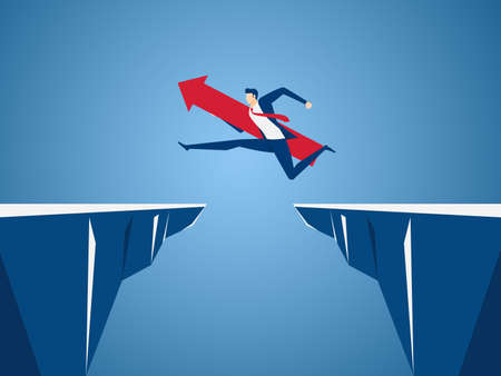 Businessman with red arrow sign jump through the gap between hill. Running and jump over cliffs. Business risk and success concept. Cartoon Vector Illustration.のイラスト素材
