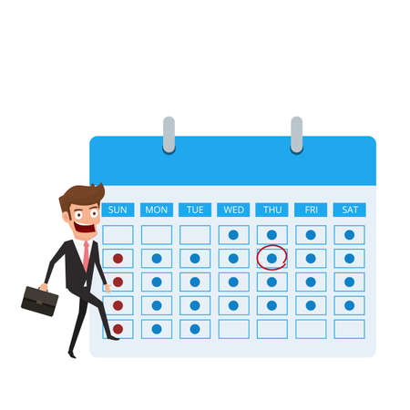 Time management and planning concept. Businessman with circle mark planning and scheduling on calendar. Cartoon Vector Illustration.のイラスト素材