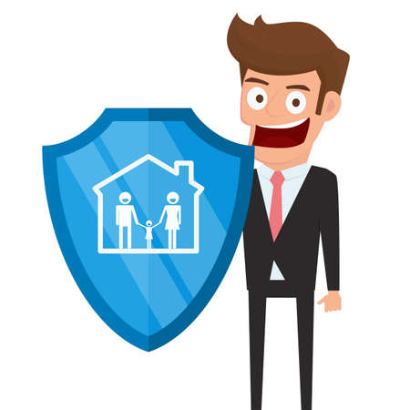 Concept of family insurance support service. Businessman holding shield symbol of protection with family in house icon. Cartoon Vector Illustration.のイラスト素材