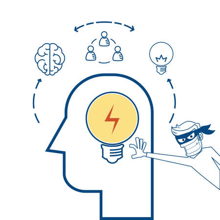 Flat line design Piracy concept. Thief stealing light bulb idea from a head. Cartoon Vector Illustration.のイラスト素材