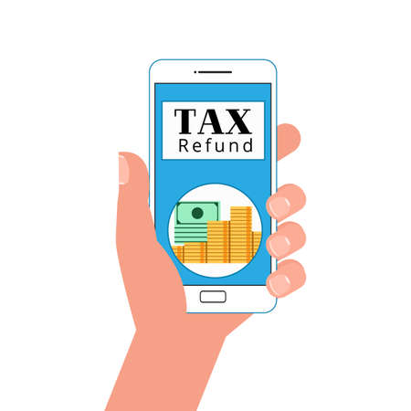 Businessman holding smart phone with TAX REFUND and get money return.のイラスト素材