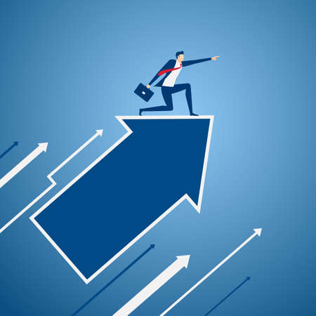 Businessman on growth arrow graph pointing finger and looking for successのイラスト素材