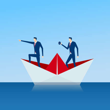 Business team on paper ship looking for success, opportunities, future business trends.のイラスト素材